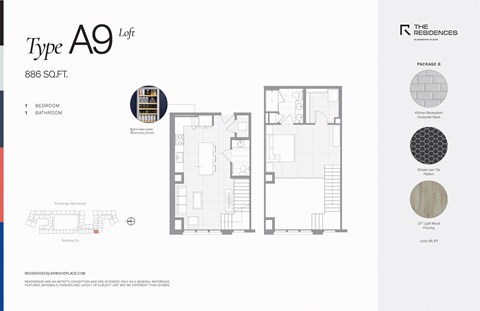 Floor plan for 1 bed, 1.5 baths, 886 sqft